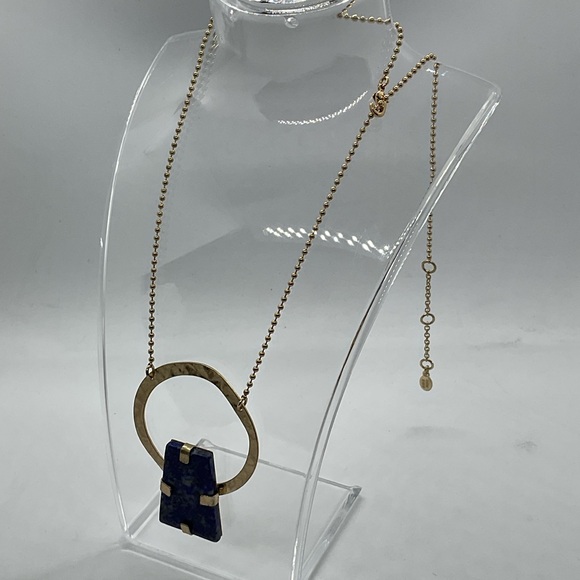 Lapis lazuli chunk modernist pendant in gold tone ball chain blue necklace - Picture 1 of 11
